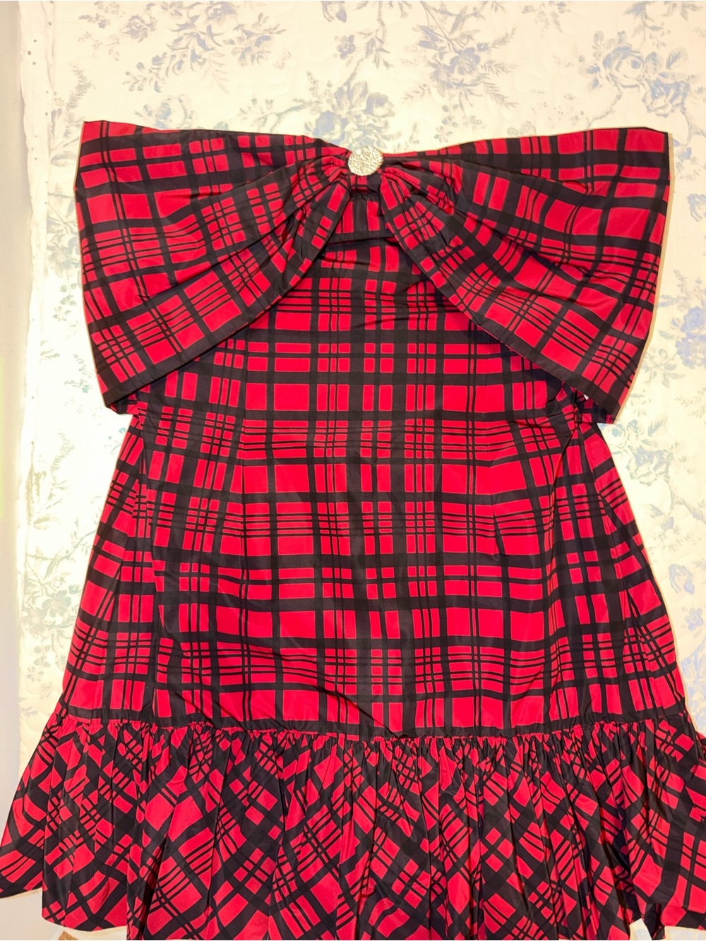 LoveShackFancy Red and Black Plaid Strapless Dress with Bow Accent